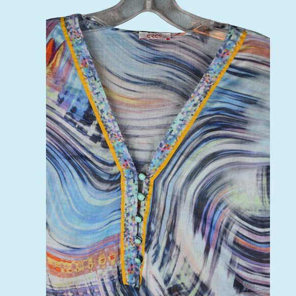 Eres Printed Mini Dress Women's Size Medium Blue Shift 3/4 Sleeve V-neck Tunic - Picture 4 of 10